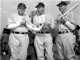 On the set of <em>Pride of the Yankees</em>, Babe Ruth, Gary Cooper and Bill Dickey.